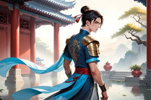 masterpiece, beautiful and aesthetic, ultra detail, intricate, (solo, 1male:1.5), 25 years old, detailed character design, Chinese mythology story, a heavenly guardian, serene expression, manly, bushy eyebrows, wide eyes, wide jaw, (black hair, a single hair bun), tall and lean, (Han Chinese clothing, armor, brown), looking back, dynamic pose, standing, holding a book, creating a picturesque view of a heavenly palace, bathed in soft, ethereal light.