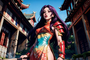 In Chinese mythology, solo, 1girl, big eyes, pink lips, pretty, long curly hair, purple hair, tall and thin, wearing Heaven Guard's armor, ancient China style, boichi manga style