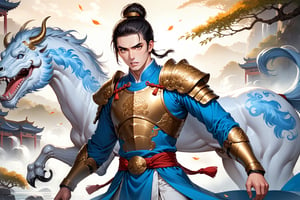 masterpiece, beautiful and aesthetic, ultra detail, intricate, (solo, 1male:1.5), 25 years old, detailed character design, Chinese mythology story, a heavenly guardian, serene expression, manly, bushy eyebrows, big eyes, (wide jaw:1.5), (black hair, a single hair bun), tall and lean, (Han Chinese clothing, armor, brown), straight on, dynamic pose, standing, holding a book, creating a picturesque view of a heavenly palace, bathed in soft, ethereal light.