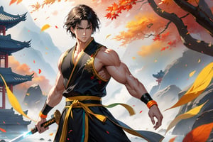 
masterpiece, beautiful and aesthetic, ultra detail, intricate, 1male, solo, representation of the legendary martial artist, detailed character design, serious expression, (long eyes), (short hair, rainbow color), exquisite body, strong abdominal muscles, golden armlet, yellow wristband, black half gloves, black martial arts belt, (black hanfu, sleeveless), black lace-up ankle brace, holding a shiny broadsword, dynamic pose, he stands tall and resolute, exuding an air of strength and unwavering determination. Chinese martial arts animation style, autumn leaves fluttering around, Inspired by Chinese mythology story