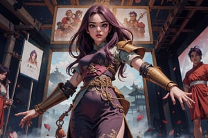 masterpiece, best quality, ultra detailed, UHD, detailed character design, In Chinese mythology, solo, 1girl, beauty, detailed face, delicate features, a look of determination, big eyes, pink lips, long curly hair, purple hair, tall and thin, (accurate body and hand anatomy), general, power armor, hero view, dynamic pose, heroic stance, command the armies, standing on the podium, training scene, ancient China style, boichi manga style