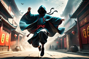 DonM5h4d0w5XL, masterpiece, extreme quality, ultra detailed, intricate, UHD, HDR, Chinese martial arts animation style, dramatic with an air of mystery and intrigue, a hooded cloak shadow, dynamic pose, vibrant, action-packed, (jump up, fly:1.5), from side, outdoors, ancient China street, mysterious colorful background, 