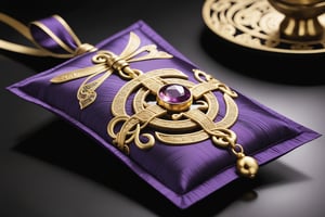 A delicate, palm-sized sachet from ancient China's mystical realm, adorned with intricate purple pattern embroidery, shines like a precious gem. A golden tie, ornately knotted, cinches the mouth shut, exuding elegance. In a stylized anime flair, this exquisite relic comes to life in vivid 2D animation, transporting viewers to a bygone era of myth and legend.