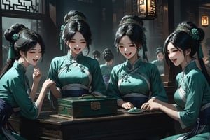 Dark Moody Atmosphere, {prompt}, dramatic, mysterious, dark moody atmosphere, masterpiece, beautiful and aesthetic, ultra detail, intricate, describes a group of beautiful maids in ancient China, surrounding a dark green jewelry box on the table, everyone gesticulating. , laughing and joking