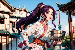 In Chinese mythology, solo, 1girl, big eyes, pink lips, pretty, joy, long curly hair, purple hair, ponytail, tall and thin, hanfu, holding a big bowl, dynamic pose, ancient street in the background, outdoors, ancient China style, boichi manga style