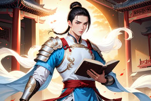 masterpiece, beautiful and aesthetic, ultra detail, intricate, (solo, 1male:1.5), 25 years old, detailed character design, Chinese mythology story, a heavenly guardian, serene expression, manly, bushy eyebrows, wide eyes, wide jaw, (black hair, a single hair bun), tall and lean, (Han Chinese clothing, armor, brown),  dynamic pose, taking a book, creating a picturesque view of a heavenly palace, bathed in soft, ethereal light.