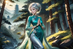 masterpiece, beautiful and aesthetic, ultra detail, intricate, 1female, a celestial ethereal ghostly Fairy, 50 years old, solo, detailed character design, grace, gentle nature, feminine soft face, light green eyes, (long hair, Braided updo, silver hair), hair ornament, tall, slender body frame, collarbone, bead_bracelet, (cheongsam, loog sleeves, green), silver pants, (holding a bead_necklace), (full body :1.5), dynamic pose, (a single hand in prayer pose), standing atop hill, Chinese martial arts animation style, pine woods in the background, Inspired by Chinese mythology story