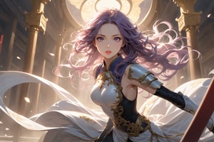 masterpiece, beautiful and aesthetic, ultra detail, intricate, In Chinese mythology, solo, 1girl, a heavenly guardian, big eyes, pink lips, pretty, long curly hair, purple hair, tall and thin, (Han Chinese Clothing, armor, pants), from view, dynamic pose, poised as if ready to gallop into battle, creating a picturesque view of a heavenly palace, bathed in soft and ethereal light