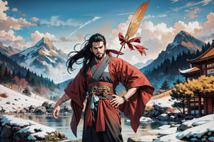 Chinese mythology story, solo, 1man, forty years old, long black hair, two beards, aqua Taoist robe, holding a feather fan, thin and tall, report to the gods that the world is peaceful and prosperous, the population is booming, mountain, chinese temple background, boichi manga style