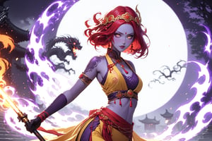 masterpiece, beautiful and aesthetic, ultra detail, intricate, 1female, monster, solo, detailed character design, seducing, evil expression, long eyelashes, eyeliners, ghostly eyes, red pixie bob hair, short stature, curvaceous, purple skin, circlet, (Hanfu, cropped vest, yellow), red pants, (belly chain), (elbow lace gloves, purple), (holding a flame baton), (from back:1.5), dynamic pose, Chinese martial arts animation style, sparks, Inspired by Chinese mythology story