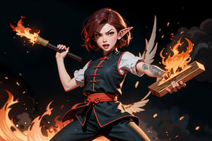 Chinese mythology, solo, 1female, monster_girl, short hair, dark red hair, fury, angry, fangs, sexy lips, pointed ears, strong body, swarthy body, fire phoenix tattoo, (single wing behind), holding a mace, dark red vest, long pants, (full shot:1.2), (hold up a small plaque:1.2), Chinese martial arts animation style