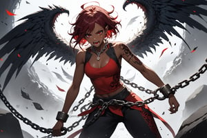 masterpiece, beautiful and aesthetic, ultra detail, intricate, Chinese mythology, solo, 1female, monster_girl, a heavenly guardian, (fear), short hair, dark red hair, (facial marks), fierce face, evil face, fangs, (crying), (pointed ears), (dark skin), strong body, (number tattoo), (a single wing behind:1.5), dark red vest, long pants, (overhead shot:1.5), sharp focus, dynamic pose, action-packed, ((shackles, chains)), dramatic lighting, (in the huge hole, dark hole), Chinese martial arts animation style