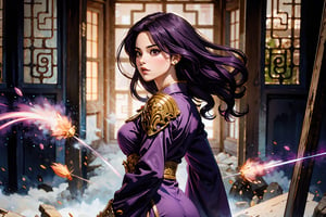 A solo female warrior stands majestically in an ancient Chinese setting, (purple hair) her piercing big eyes and pink lips accentuated by the soft golden lighting. Her long, curly black hair flows like a river down her back, framing her slender figure clad in a flowing purple robe and ornate armor. The boichi manga style brings forth vibrant colors and dynamic energy to this stunning scene.