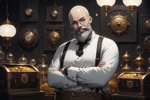 Dark Moody Atmosphere, {prompt}, dramatic, mysterious, dark moody atmosphere, masterpiece, beautiful and aesthetic, ultra detail, intricate, 1male, solo, old hipster, detailed character design, (proud expression), round eyes, monocle, grin, white Squared beard, bald, short and fat, white shirt, (brown pants, a pair of suspenders), (crossed arms), standing atop a treasure chest overflowing with gold and jewels, in the Asian antique shop, indoors