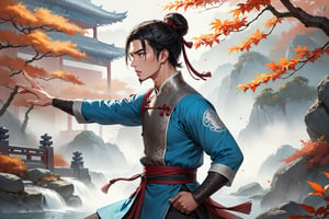 masterpiece, beautiful and aesthetic, ultra detail, intricate, (solo, 1male:1.5), 25 years old, detailed character design, a ancient Chinese knight, manly, a look of determination, bushy eyebrows, wide eyes, wide jaw, (black hair, a single hair bun), tall and lean, (Han Chinese clothing, brown), (from side:1.2), dynamic pose, (folded arms:1.2), forests, mists, autumn leaves fluttering around