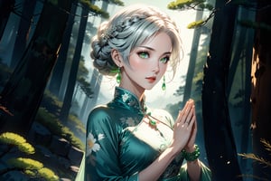 masterpiece, beautiful and aesthetic, ultra detail, intricate, 1female, a celestial ethereal ghostly Fairy, 50 years old, solo, detailed character design, grace, gentle nature, feminine soft face, light green eyes, (long hair, Braided updo, silver hair), hair ornament, tall, slender body frame, collarbone, bead_bracelet, (cheongsam, long, green), (holding a bead_necklace), upper body, dynamic pose, (a single hand in prayer pose), standing atop hill, Chinese martial arts animation style, pine woods in the background, Inspired by Chinese mythology story