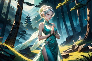 masterpiece, beautiful and aesthetic, ultra detail, intricate, 1female, a celestial ethereal ghostly Fairy, 50 years old, solo, detailed character design, grace, gentle nature, feminine soft face, light green eyes, (long hair, Braided updo, silver hair), hair ornament, tall, slender body frame, collarbone, bead_bracelet, (long cheongsam, green), (holding a bead_necklace), (full body :1.5), dynamic pose, (a single hand in prayer pose), standing atop hill, Chinese martial arts animation style, pine woods in the background, Inspired by Chinese mythology story