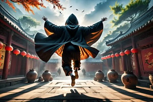 DonM5h4d0w5XL, masterpiece, extreme quality, ultra detailed, intricate, UHD, HDR, Chinese martial arts animation style, dramatic with an air of mystery and intrigue, a dark hooded cloak shadow, dynamic pose, vibrant, action-packed, (jump up, fly in the air:1.5), (roof:1.2), from behind, outdoors, ancient China backyard, mysterious colorful background, 