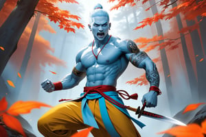 masterpiece, beautiful and aesthetic, ultra detail, intricate, 1male, badass, mythical creature, solo, detailed character design, (frightened expression), (mouth full of sharp teeth), ghostly eyes, (a deep knife scar across on face), (a thin aquiline nose), (golden crew cut), (light blue skin:1.5), (tribal tattoo on body), barefoot, tall and strong, developed muscles, fitness experts, (deep knife scars on arms), (Hanfu, red vest, yellow pants), cuffs, (from side:1.5), (arms spread), dynamic pose, forests, mists, autumn leaves fluttering around