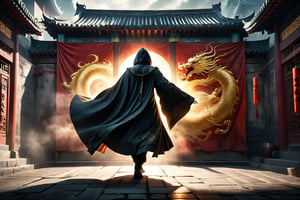 DonM5h4d0w5XL, masterpiece, extreme quality, ultra detailed, intricate, UHD, HDR, Chinese martial arts animation style, dramatic with an air of mystery and intrigue, solo, a figure in a dark cloak, cloak shadow on the ancient China street wall, outdoors, cloak fly, dynamic pose, vibrant, split-second freeze-frame, from side, mysterious colorful background, 