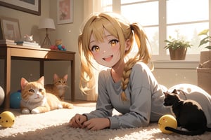 A warm and cozy scene unfolds as a young girl, her blonde hair tied in pigtails, giggles with glee while playing with a curious cat. Framed in a shallow depth of field, the subject's bright smile and sparkling eyes take center stage, surrounded by a soft, diffused light that highlights the texture of their hair and the cat's fluffy fur. The location is a sun-drenched room with plush carpeting and a few toys scattered about, giving the impression of a carefree afternoon spent indoors on a cloudy day.