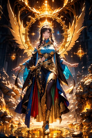 (masterpiece, top quality, best quality, official art, beautiful and aesthetic:1.2), solo, goddess, (smile), long hair, hanfu, long robe, crown, light of wings, full body shot, magic circle. The worlds greatest horde of treasure ever collected, epic proportions, (colorful), dreamlike, gold, jewelry, treasure, riches, pules of gold, gems, riches, treasure vault, biggest treasure in the world, extreme detailed, (abstract, fractal art:1.3), hyper detailed masterpiece, dynamic, awesome quality,