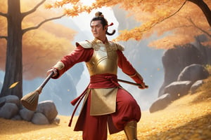 masterpiece, beautiful and aesthetic, ultra detail, intricate, 1male, solo, Monkey King, one of the chief characters in “Pilgrimage To The West”, detailed character design, red hafu, golden armor, he wields a golden cudgel, (medium full shot:1.5), dynamic pose, Chinese martial arts animation style, outdoors, autumn leaves fluttering around, woods