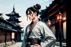 Masterpiece, best quality, detailed character design, UHD, (solo, 1male:1.5), 25 years old, a traditional Chinese physician, serene expression, manly, (wide jaw), (black hair, single bun:1.3), tall and lean, accurate body and hand anatomy, (hanfu, grey), elegant, ancient street in the background, outdoors, ancient China style, boichi manga style