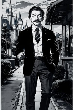 boichi manga style, monochrome, greyscale, solo, a young gentleman, he is Walt Disney, the founder of Disneyland, slicked hairstyle, mustache, traditional plaid suit, he spread his hands to express that he has no money, standing, full body shot, a country train station background, outdoor, ((masterpiece))