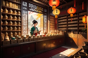 A majestic scene unfolds in this still life: a traditional Chinese apothecary shop, bathed in warm golden light, emanating from intricately carved wooden lanterns and soft, silk drapes. The walls, adorned with small drawers, display an array of colorful Chinese medicinal materials, each one meticulously arranged to showcase its unique properties. In the foreground, a busy Chinese herbalist stands at the counter, carefully preparing custom remedies for awaiting customers, their hands moving with purposeful ease as they tend to their craft.