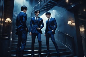 Dark Moody Atmosphere, {prompt}, dramatic, mysterious, dark moody atmosphere, masterpiece, beautiful and aesthetic, ultra detail, intricate, a several of Asian men, deep blue suit, dynamic pose, action-packed, standing in a modern stairwell, conversations