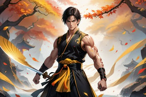 
masterpiece, beautiful and aesthetic, ultra detail, intricate, 1male, solo, representation of the legendary martial artist, detailed character design, serious expression, (long eyes), (short hair, rainbow color), exquisite body, strong abdominal muscles, golden armlet, yellow wristband, black half gloves, black martial arts belt, (black hanfu, sleeveless), black lace-up ankle brace, holding a shiny broadsword, dynamic pose, he stands tall and resolute, exuding an air of strength and unwavering determination. Chinese martial arts animation style, autumn leaves fluttering around, Inspired by Chinese mythology story