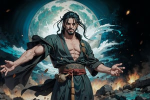 A majestic figure stands alone in a misty mountain valley, shrouded in an aura of mystique. A forty-year-old warrior, clad in a flowing aqua Taoist robe, lets out a mighty roar as he unleashes both palms with all his might to strike forward. His long black hair flows like a dark river down his back, while two majestic beards cascade down his chest. Thin and tall, he exudes an air of serenity and inner power, his eyes blazing with a fierce determination. In the Chinese martial arts animation style, reminiscent of Boichi's manga flair, this imposing figure embodies the essence of Taoist discipline and spiritual strength.