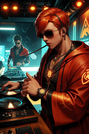 Solo, (1boy:1.5), exquisite details and texture, detailed face, anatomy correct, best quality, ultra detailed, photorealistic, (short hair, orange hair), sunglasses, headset, wore a red colored robe, cool, flame tattoos, flame pentagram necklace, he was a radio DJ, playing music for listeners in a tiny radio studio with a Taiji in the background, Cyberpunk style