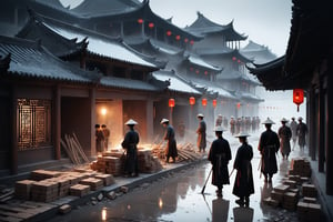 Dark Moody Atmosphere, {prompt}, dramatic, mysterious, dark moody atmosphere, masterpiece, beautiful and aesthetic, ultra detail, intricate, describes a construction site, a group of workers are building a house, some people move bricks, some people move wood, Hanfu, ancient Chinese street scene