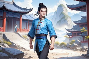 masterpiece, beautiful and aesthetic, ultra detail, intricate, (solo, 1male:1.5), 25 years old, detailed character design, serene expression, manly, bushy eyebrows, wide eyes, wide jaw, (black hair, a single hair bun), tall and lean, (Han Chinese clothing, brown), dynamic pose, walking alone, creating a picturesque view of a in the middle of nowhere, rocks, windy and dusty 