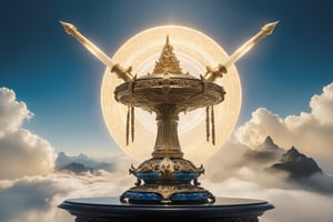 A majestic shot of the Golden Mountain Magic Weapon in all its glory, framed against a serene, misty-blue background. Soft, warm lighting illuminates the artifact's intricate details, casting a subtle glow on the surrounding atmosphere. The golden light emanating from the weapon is so radiant it appears to be suspended in mid-air, as if beckoning the viewer. In this stunning composition, the Magic Weapon sits atop a delicate, ornate pedestal, with wispy clouds drifting lazily across the sky behind it.