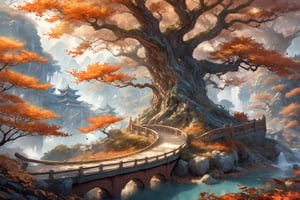 dreamscape {prompt} . surreal, ethereal, dreamy, mysterious, fantasy, highly detailed, masterpiece, beautiful and aesthetic, ultra detail, intricate, Inspired by Chinese mythology story: creating a picturesque view of woods in Autumn,  in ancient China