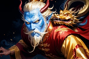 masterpiece, beautiful and aesthetic, ultra detail, intricate, 1man, solo, 55 years old, detailed character design, (Chinese dragon fetures, dragon eyes, dragon nose, dragon beard), blue face, glistening scales skin, domineering, (messy golden hair, red mane), (fatty:1.5), golden imperial robe, upper body, dynamic pose, Inspired by Chinese mythology story, dragon palace