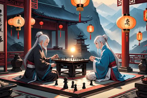 Two elderly sages, wisps of silver hair wisping beneath traditional hats, sit cross-legged on intricately woven silk rugs amidst ancient China's misty mountains. The soft glow of lanterns casts a warm ambiance as they concentrate on the game of Go, their eyes gleaming with intense focus. The chessboard, adorned with delicate carvings, serves as a canvas for their strategic battle.