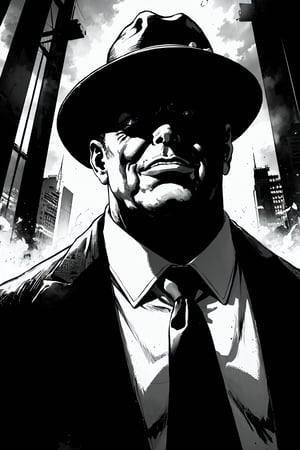 In a moody, high-contrast monochrome environment, Chicago mob boss Al Capone strides confidently, his round face and thick eyes seeming to bore into the shadows. His big mouth and thick lips curve into a menacing grin, while scarred cheeks give testament to a life of hard-hitting deals. A fat, pungent cigar dangles from his lip as he wears a classic fedora hat, its brim curving slightly upward. Towering over the scene, Capone's imposing figure is clad in a well-tailored suit, his movements deliberate and calculated. The greyscale palette amplifies the drama, plunging the viewer into the dark world of organized crime.