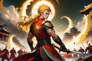 masterpiece, beautiful and aesthetic, ultra detail, intricate, 1male, 20 years old, detailed character design, a heavenly guardian, manly, epic, broad cheeks, (a sun mark on forehead), a look of determination, wide mouth, wide eyes, bushy eyebrows, (spiked hair, yellow hair), tall and strong, muscular, Han Chinese Clothing, Heaven Guard's armor, red armor, holding a Green Dragon Crescent Blade, from side, dynamic pose, heroic stance, powerful pose, Chinese martial arts animation style,  battlefield scene, multiple warriors behind, Inspired by Chinese mythology story
