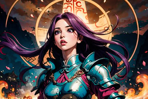 In Chinese mythology, solo, 1girl, big eyes, pink lips, pretty, long curly hair, purple hair, tall and thin, wearing Heaven Guard's armor, straight on, ancient China style, boichi manga style