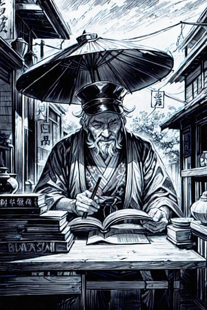 An ancient Chinese street scene, an independent and shabby small vendor, sitting there is an old gentleman, wearing an ancient Chinese hat and reading glasses, squinting and smiling, with a white beard on both sides, a white goatee on the chin, and wearing a Hanfu robe , holding a big brush in his hand and a big abacus on the table. manga style {prompt} . vibrant, high-energy, detailed, iconic, Japanese comic style, emphasizing the simplicity and serenity of a black and white Japanese manga style, clean line work, striking visuals, bold outlines, (manga influence:1.3), boichi manga style