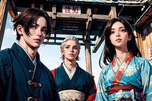 masterpiece, best quality, ultra, UHD, detailed character design, (a group of people, men and women:1.5), hanfu, (they face the same direction, looking upward:1.5), dynamic pose, in the ancient Chinese plaza, ancient China style, boichi manga style