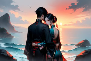 Dark Fantasy Art, {prompt}, dark, moody, dark fantasy style, full body portrait of couple cuddling, Chinese clothing, with their back to the viewer, gazing out at a breathtaking sunset over a tranquil ocean