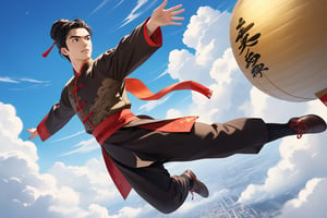 masterpiece, beautiful and aesthetic, ultra detail, intricate, solo, 1male, 25 years old, detailed character design, manly, bushy eyebrows, wide eyes, wide jaw, (black hair, a single hair bun), tall and lean, (Han Chinese clothing, brown), (from below), dynamic pose, action-packed, (jump down from clouds), clouds, in the sky