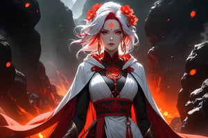 masterpiece, beautiful and aesthetic, ultra detail, intricate, 1female, 40 years old, detailed character design, sorceress, mysterious, (a red mole on forehead:1.2), red eyes, hoop earrings, (medium hair, traditional Chinese updo, Split-color Hair, white Hair, red Hair), hair flower, bangle, short stature, hooded cloak, (Taoist robe, pants, orange), cane, (upper body:1.5), dynamic pose, her hands crackling with arcane energy, standing on lava, smokey, mysterious colorful, magic effect, in heavenly palace