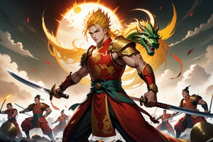 masterpiece, beautiful and aesthetic, ultra detail, intricate, 1male, 20 years old, detailed character design, a heavenly guardian, manly, epic, broad cheeks, (a sun mark on forehead), a look of determination, wide mouth, wide eyes, bushy eyebrows, (spiked hair, yellow hair), tall and strong, muscular, Han Chinese Clothing, Heaven Guard's armor, red armor, holding a Green Dragon Crescent Blade, dynamic pose, heroic stance, powerful pose, Chinese martial arts animation style,  battlefield scene, multiple warriors behind, Inspired by Chinese mythology story