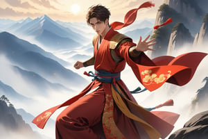 masterpiece, beautiful and aesthetic, ultra detail, intricate, solo, 1male, 25 years old, detailed character design, wide eyes, brown short hair, (light brown skin), tall and strong, red Hanfu, golden totemic embroidery, armor, (shadowboxing pose), vibrant, on peak, mountains, mists